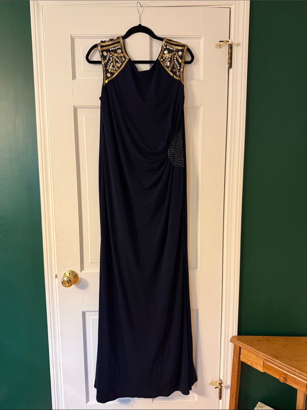 JS Collections Navy Maxi Dress with Gold Embellished Shoulders